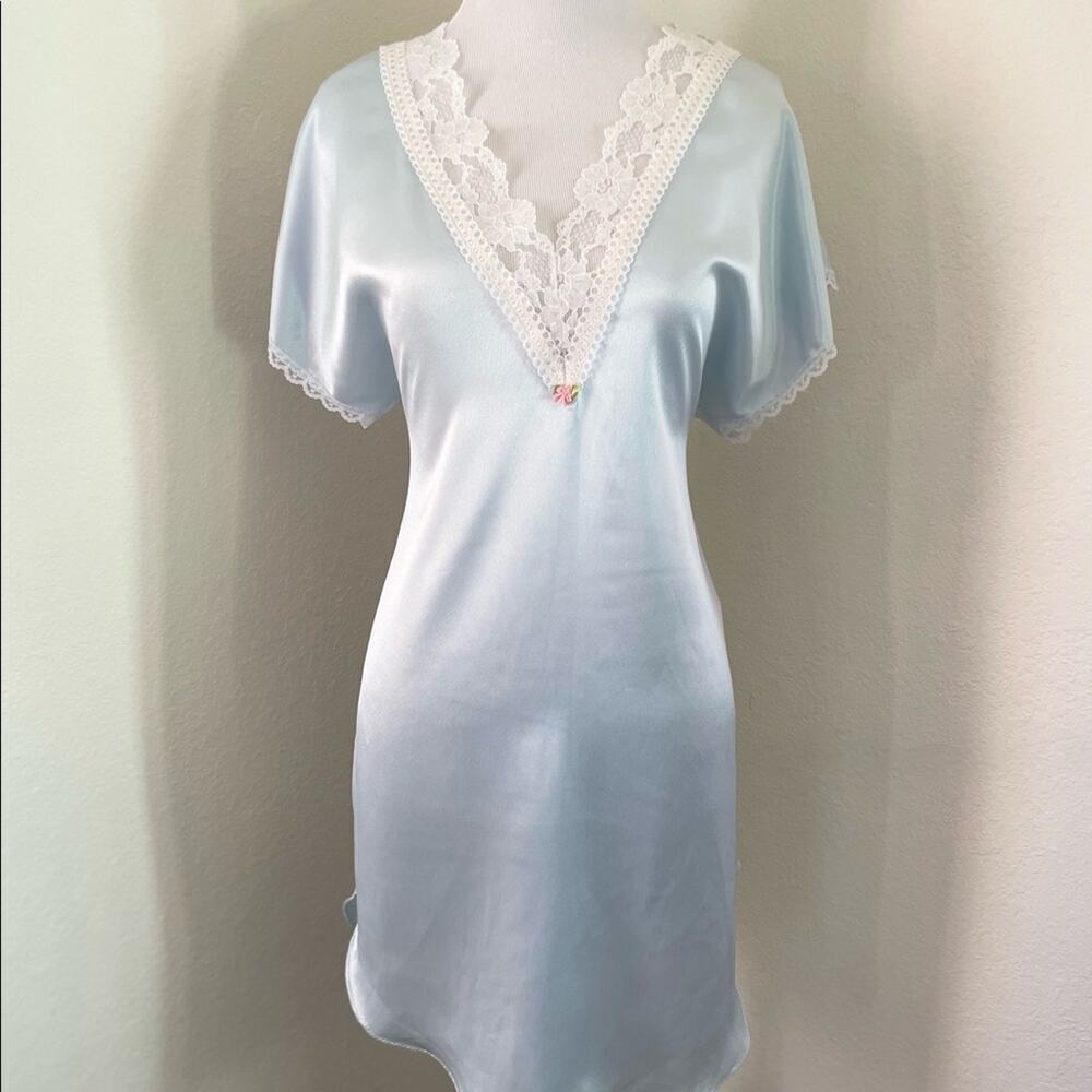 Vintage Nightgown Satin Sheer Lace  Light Blue Satin Slip Dress Silky Lingerie - Picture 13 of 16
